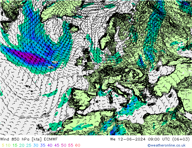 Wind 850 hPa ECMWF Mi 12.06.2024 09 UTC