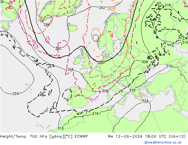 Height/Temp. 700 hPa ECMWF St 12.06.2024 18 UTC