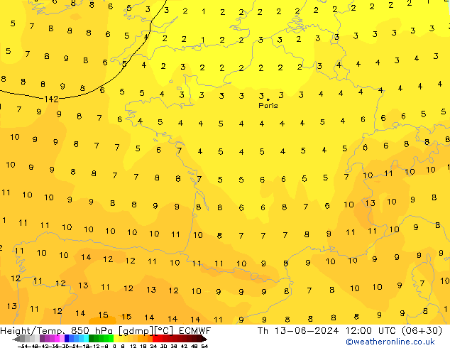 Z500/Rain (+SLP)/Z850 ECMWF gio 13.06.2024 12 UTC