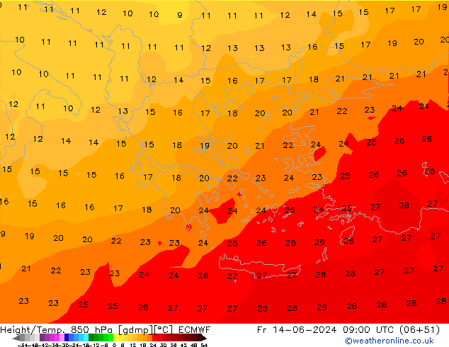 Height/Temp. 850 hPa ECMWF Fr 14.06.2024 09 UTC