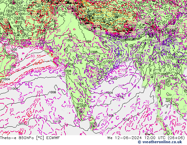 Theta-e 850hPa ECMWF We 12.06.2024 12 UTC