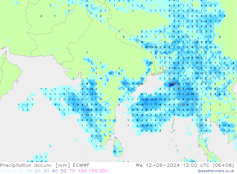 Precipitation accum. ECMWF We 12.06.2024 12 UTC