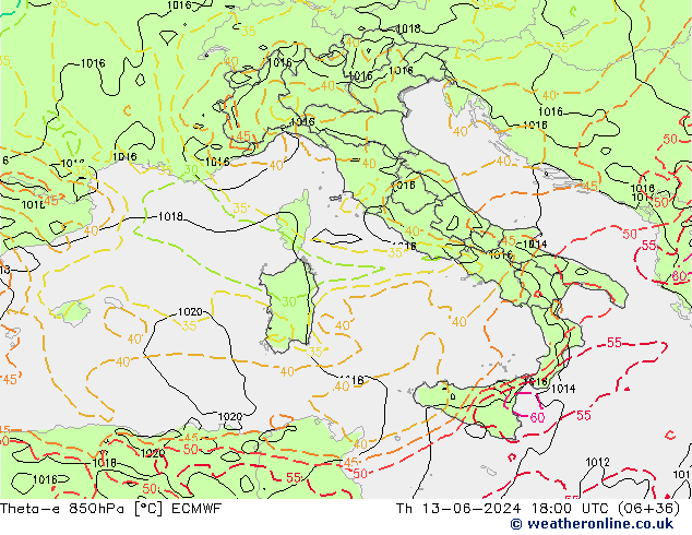 Theta-e 850hPa ECMWF Th 13.06.2024 18 UTC