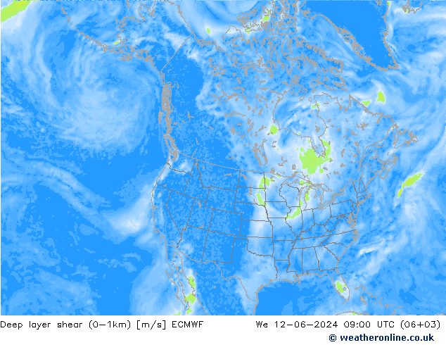 Deep layer shear (0-1km) ECMWF wo 12.06.2024 09 UTC