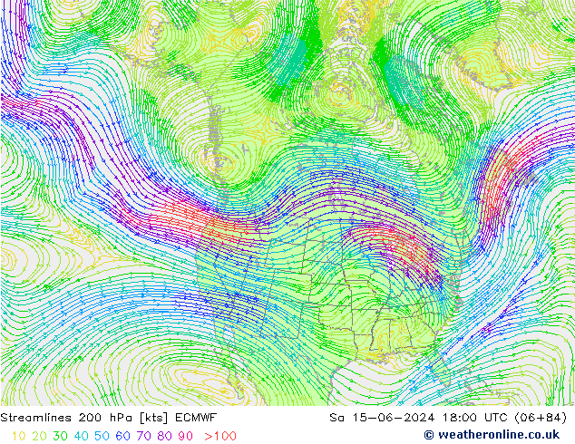 Linea di flusso 200 hPa ECMWF sab 15.06.2024 18 UTC