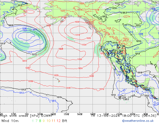 High wind areas ECMWF  13.06.2024 18 UTC