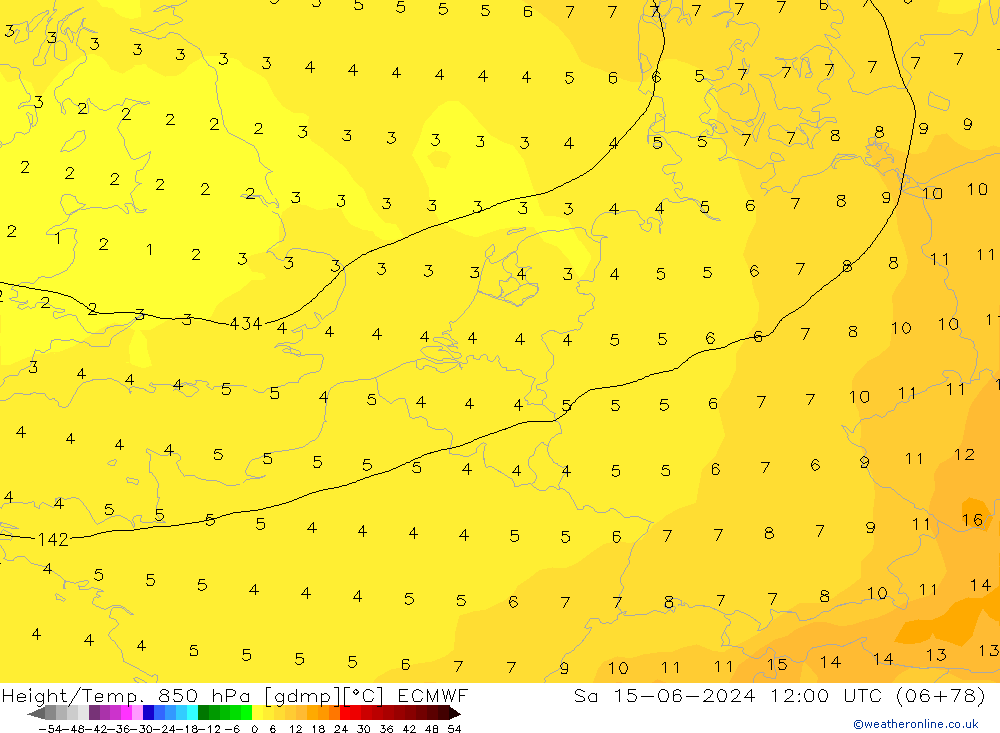 Height/Temp. 850 hPa ECMWF so. 15.06.2024 12 UTC