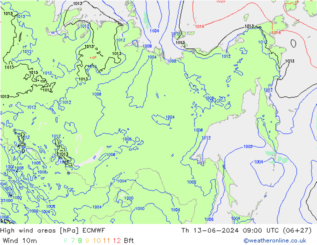 High wind areas ECMWF Qui 13.06.2024 09 UTC