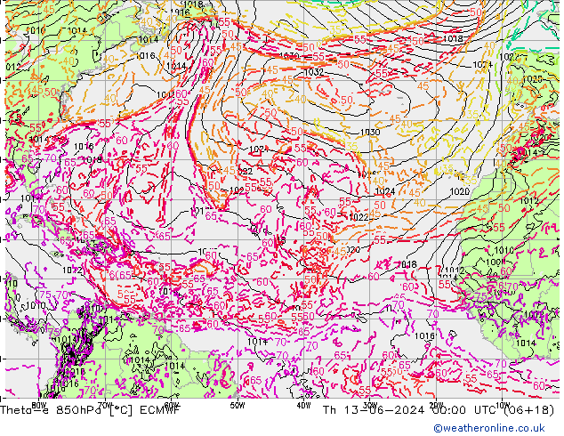 Theta-e 850гПа ECMWF чт 13.06.2024 00 UTC