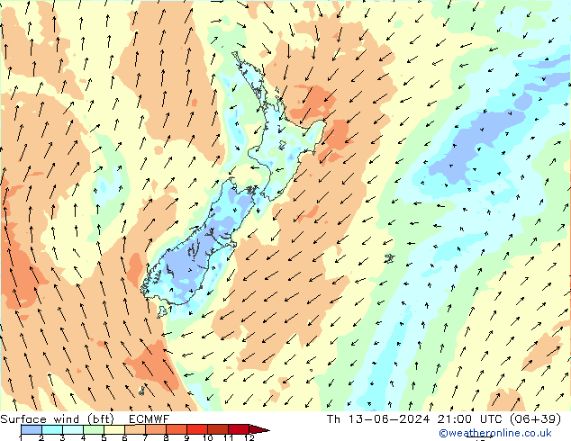 Vento 10 m (bft) ECMWF gio 13.06.2024 21 UTC