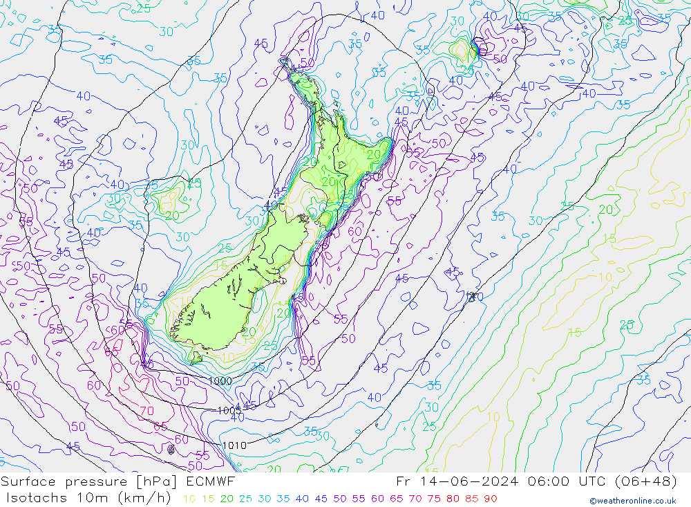 Izotacha (km/godz) ECMWF pt. 14.06.2024 06 UTC