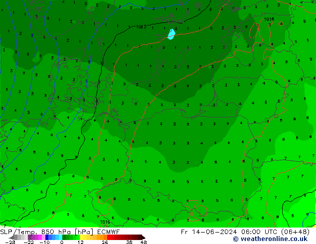 SLP/Temp. 850 hPa ECMWF  14.06.2024 06 UTC