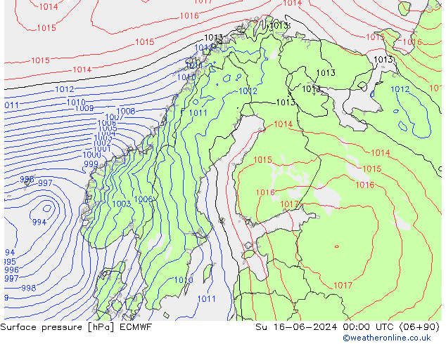 Bodendruck ECMWF So 16.06.2024 00 UTC