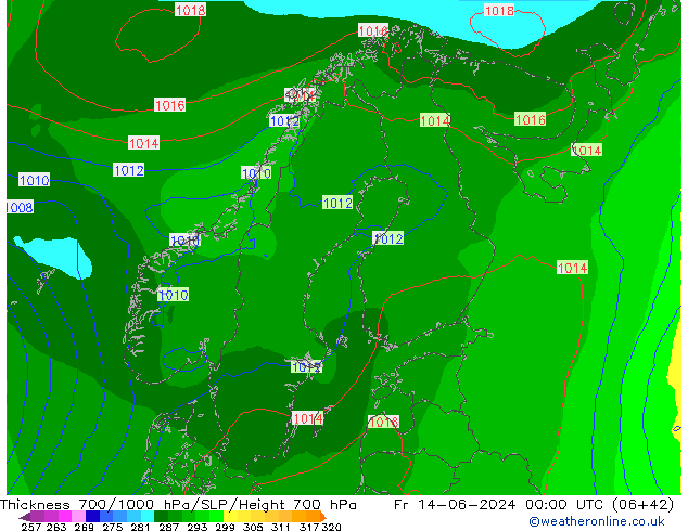 Thck 700-1000 hPa ECMWF Sex 14.06.2024 00 UTC