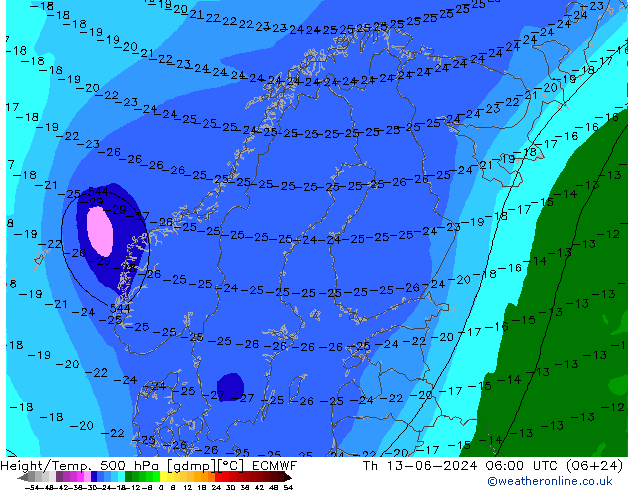 Z500/Rain (+SLP)/Z850 ECMWF czw. 13.06.2024 06 UTC