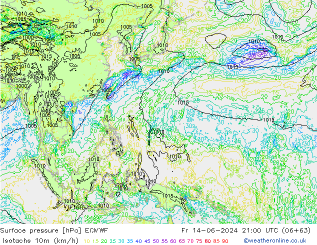 Isotachs (kph) ECMWF ven 14.06.2024 21 UTC