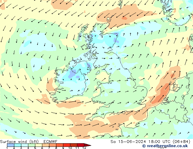 Surface wind (bft) ECMWF Sa 15.06.2024 18 UTC