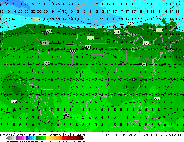 Z500/Rain (+SLP)/Z850 ECMWF czw. 13.06.2024 12 UTC