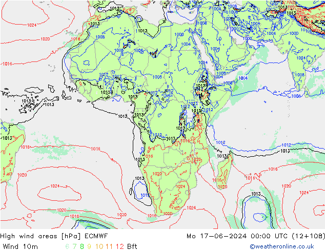 High wind areas ECMWF lun 17.06.2024 00 UTC