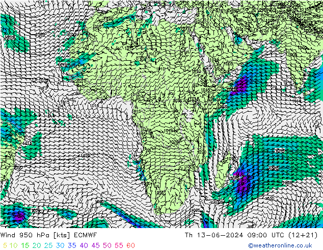 wiatr 950 hPa ECMWF czw. 13.06.2024 09 UTC