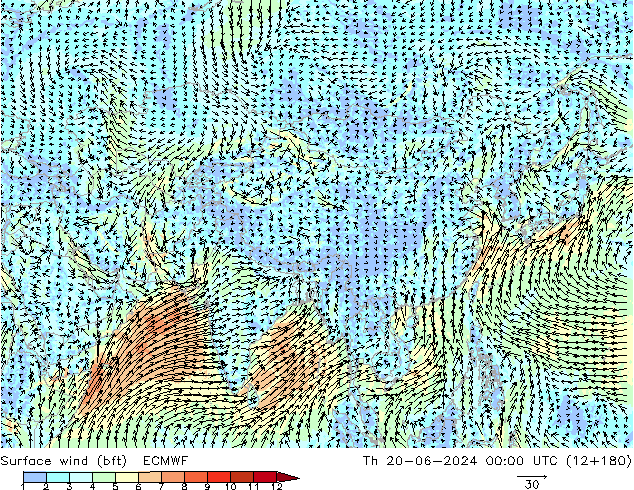 Vent 10 m (bft) ECMWF jeu 20.06.2024 00 UTC