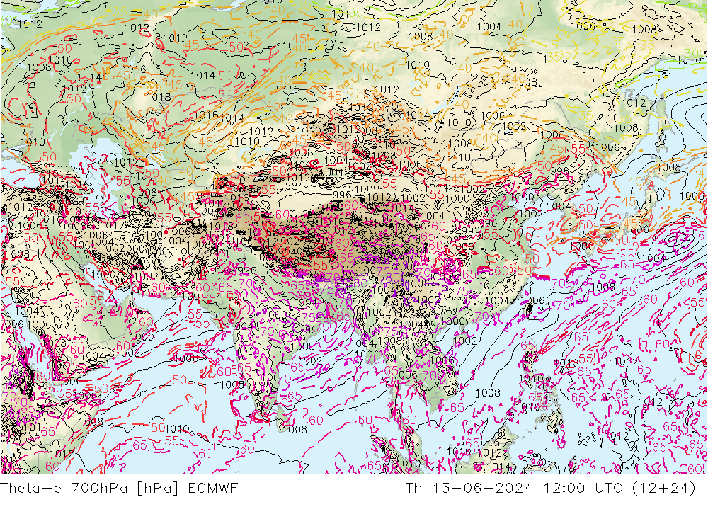 Theta-e 700hPa ECMWF Qui 13.06.2024 12 UTC