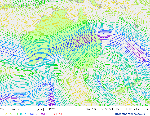 Linea di flusso 500 hPa ECMWF dom 16.06.2024 12 UTC