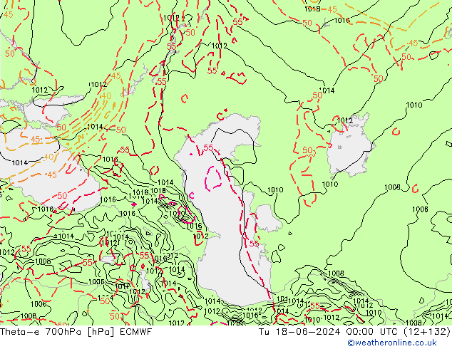 Theta-e 700hPa ECMWF di 18.06.2024 00 UTC