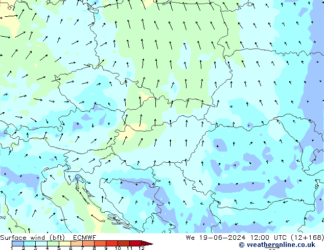 Surface wind (bft) ECMWF We 19.06.2024 12 UTC