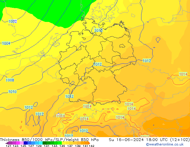 Dikte 850-1000 hPa ECMWF zo 16.06.2024 18 UTC