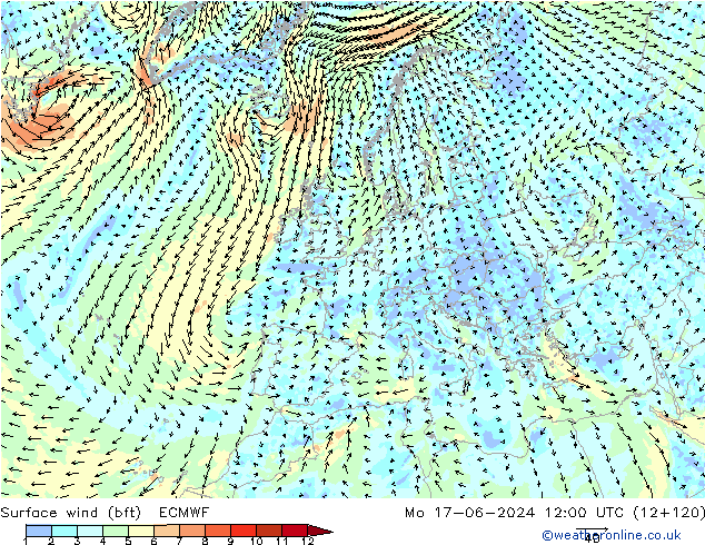 Surface wind (bft) ECMWF Mo 17.06.2024 12 UTC