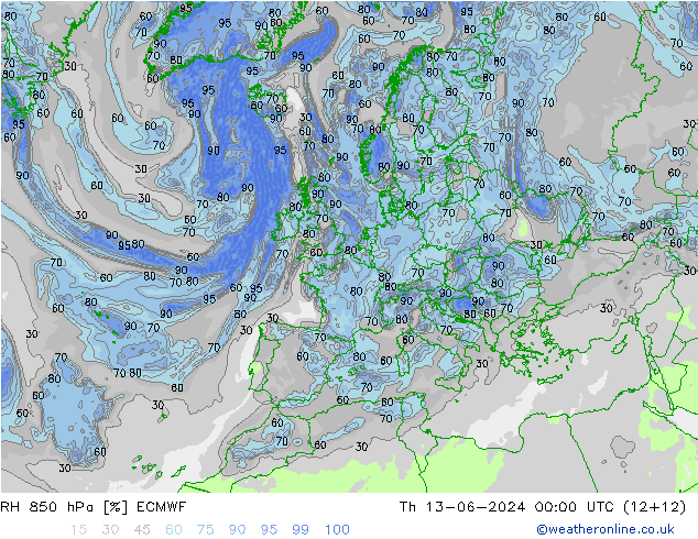 Humidité rel. 850 hPa ECMWF jeu 13.06.2024 00 UTC