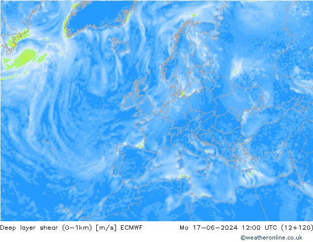 Deep layer shear (0-1km) ECMWF lun 17.06.2024 12 UTC