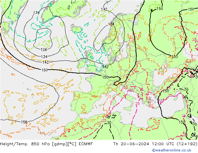 Z500/Rain (+SLP)/Z850 ECMWF jue 20.06.2024 12 UTC