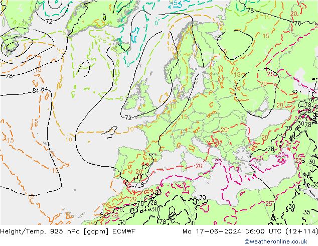 Height/Temp. 925 hPa ECMWF Mo 17.06.2024 06 UTC