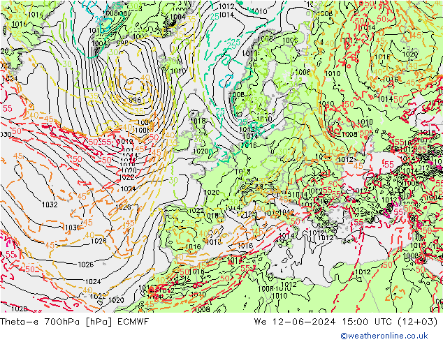 Theta-e 700hPa ECMWF Qua 12.06.2024 15 UTC