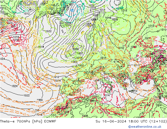 Theta-e 700hPa ECMWF Paz 16.06.2024 18 UTC