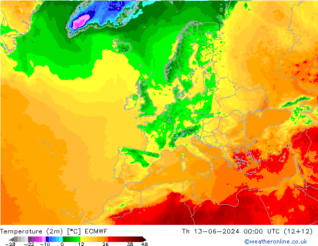 Temperatura (2m) ECMWF jue 13.06.2024 00 UTC