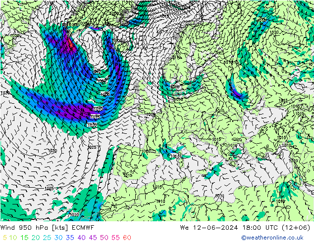 风 950 hPa ECMWF 星期三 12.06.2024 18 UTC