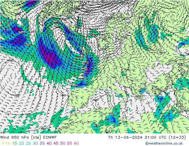 wiatr 950 hPa ECMWF czw. 13.06.2024 21 UTC