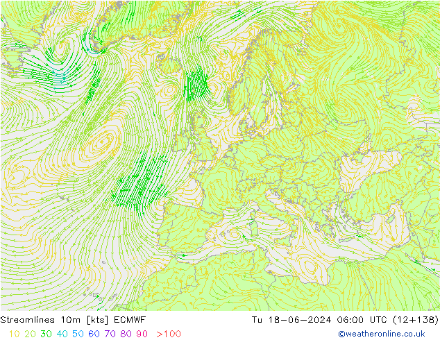 Linea di flusso 10m ECMWF mar 18.06.2024 06 UTC