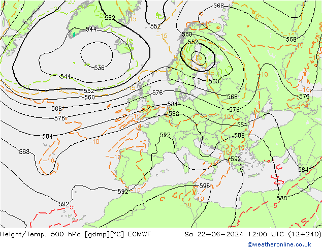 Height/Temp. 500 hPa ECMWF So 22.06.2024 12 UTC