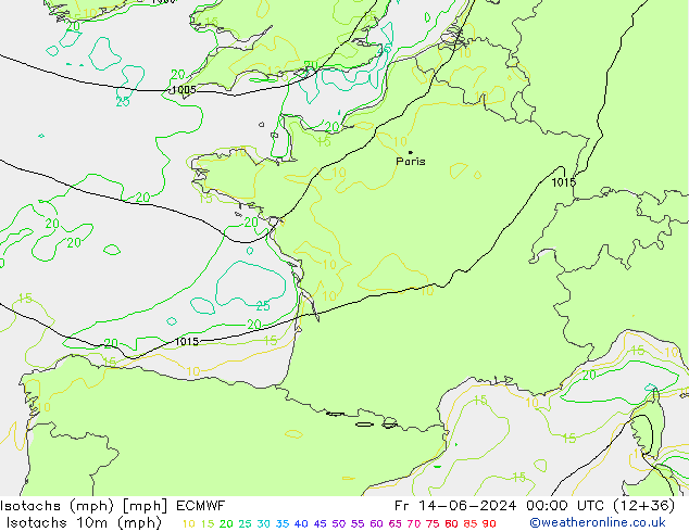 Isotachs (mph) ECMWF Fr 14.06.2024 00 UTC