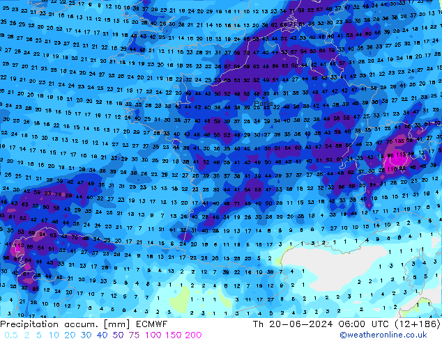 Precipitation accum. ECMWF Qui 20.06.2024 06 UTC