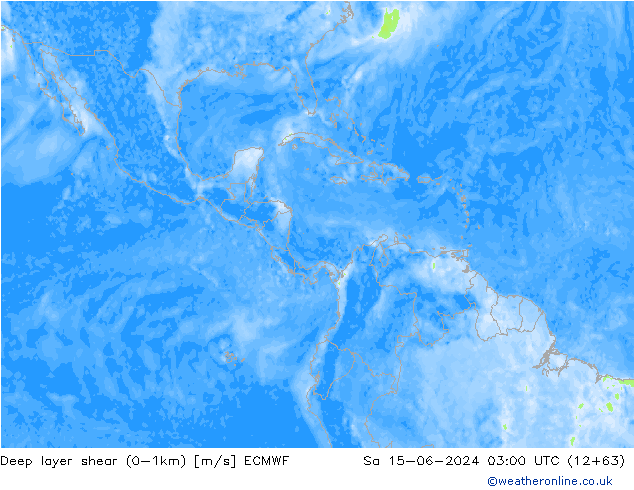 Deep layer shear (0-1km) ECMWF Sa 15.06.2024 03 UTC
