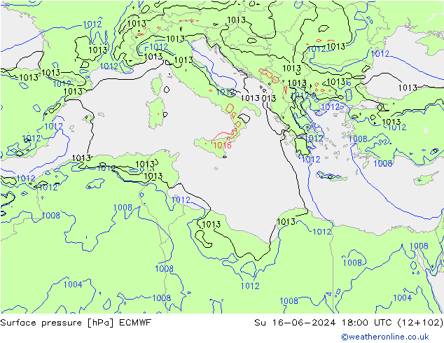 Pressione al suolo ECMWF dom 16.06.2024 18 UTC