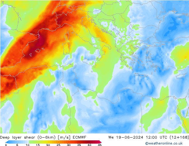 Deep layer shear (0-6km) ECMWF Qua 19.06.2024 12 UTC