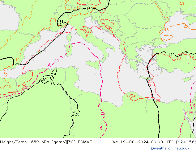 Height/Temp. 850 hPa ECMWF Qua 19.06.2024 00 UTC