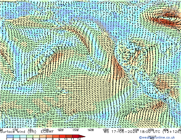 Viento 10 m (bft) ECMWF lun 17.06.2024 18 UTC