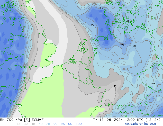 Humidité rel. 700 hPa ECMWF jeu 13.06.2024 12 UTC